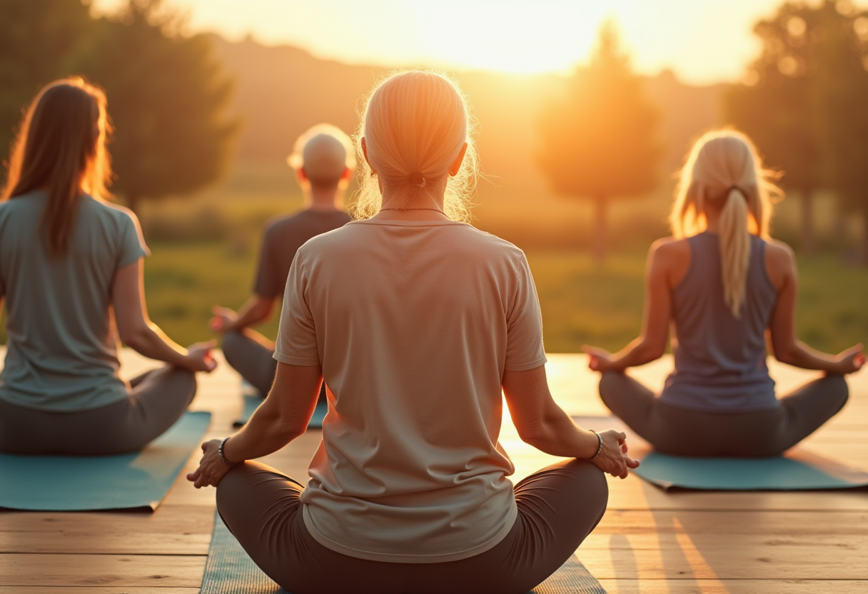 Група възрастни хора практикуват йога в спокойна обстановка